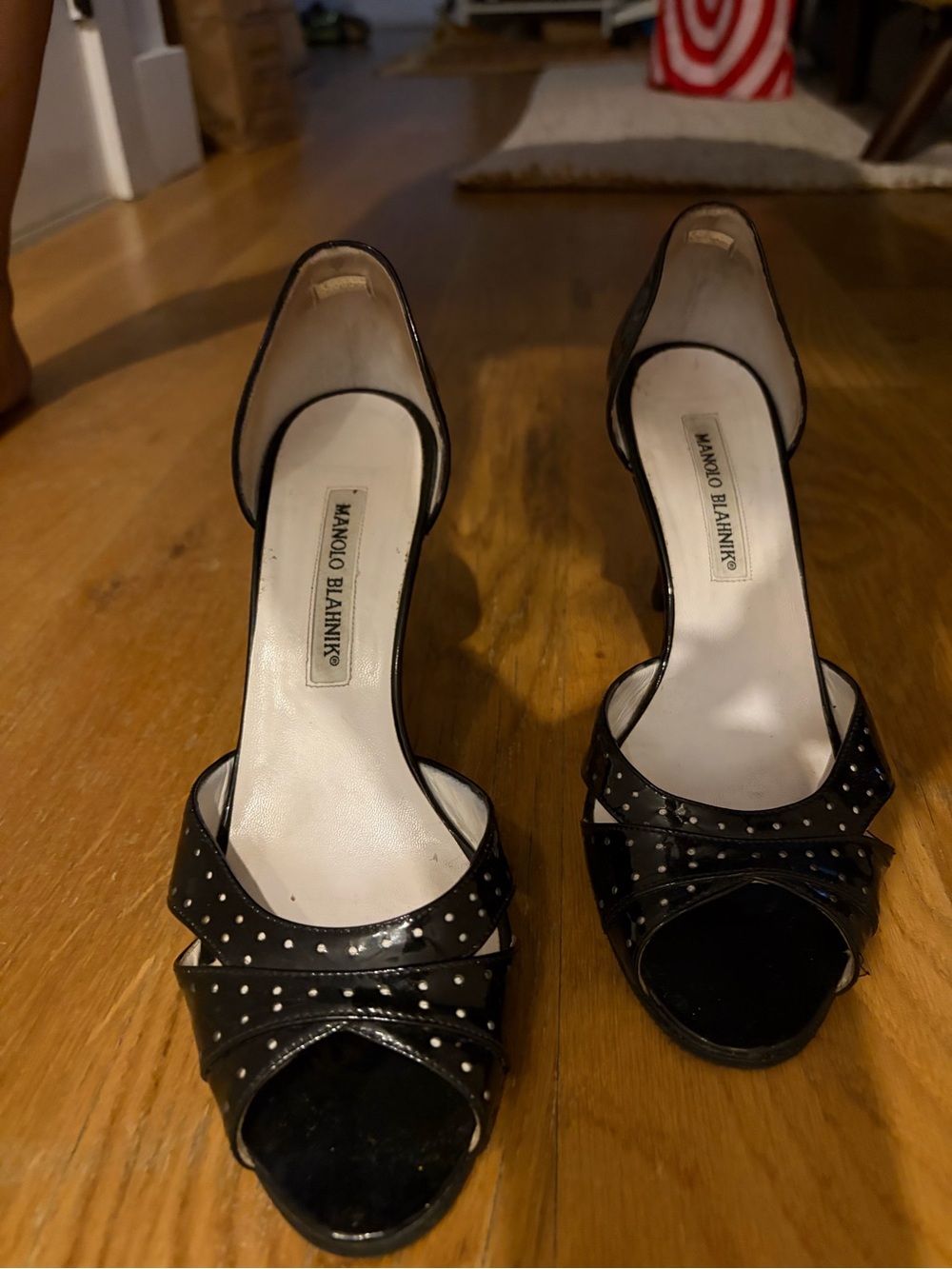 Manolo Blahnik Black Patent Studded Open-Toe Heels 37 1/2